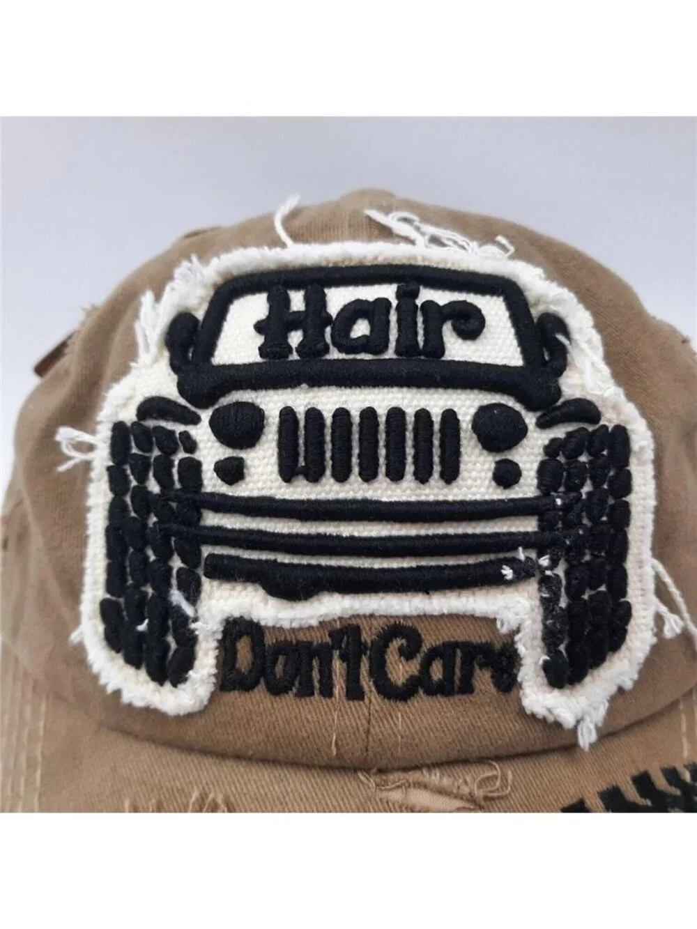 Retro Distressed 4x4 Off Road Patch Hat Hair Don't Care Khaki Dad Cap New
